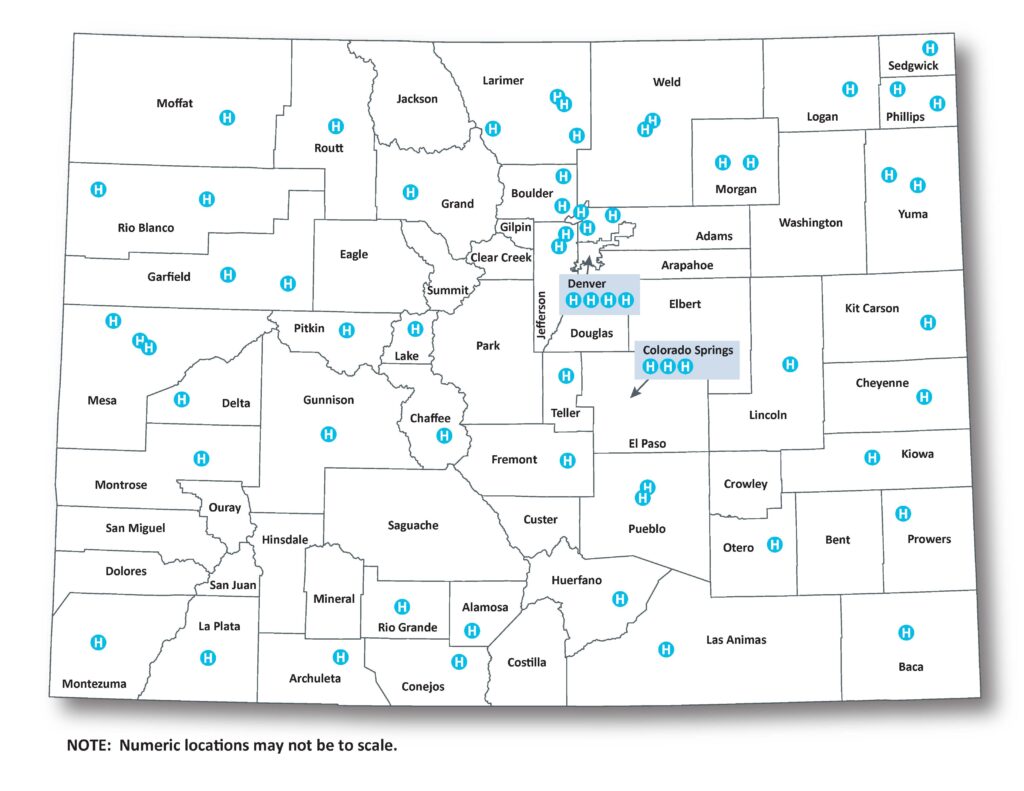 A map indicating the hospitals in Colorado that participate in the 340B Program.